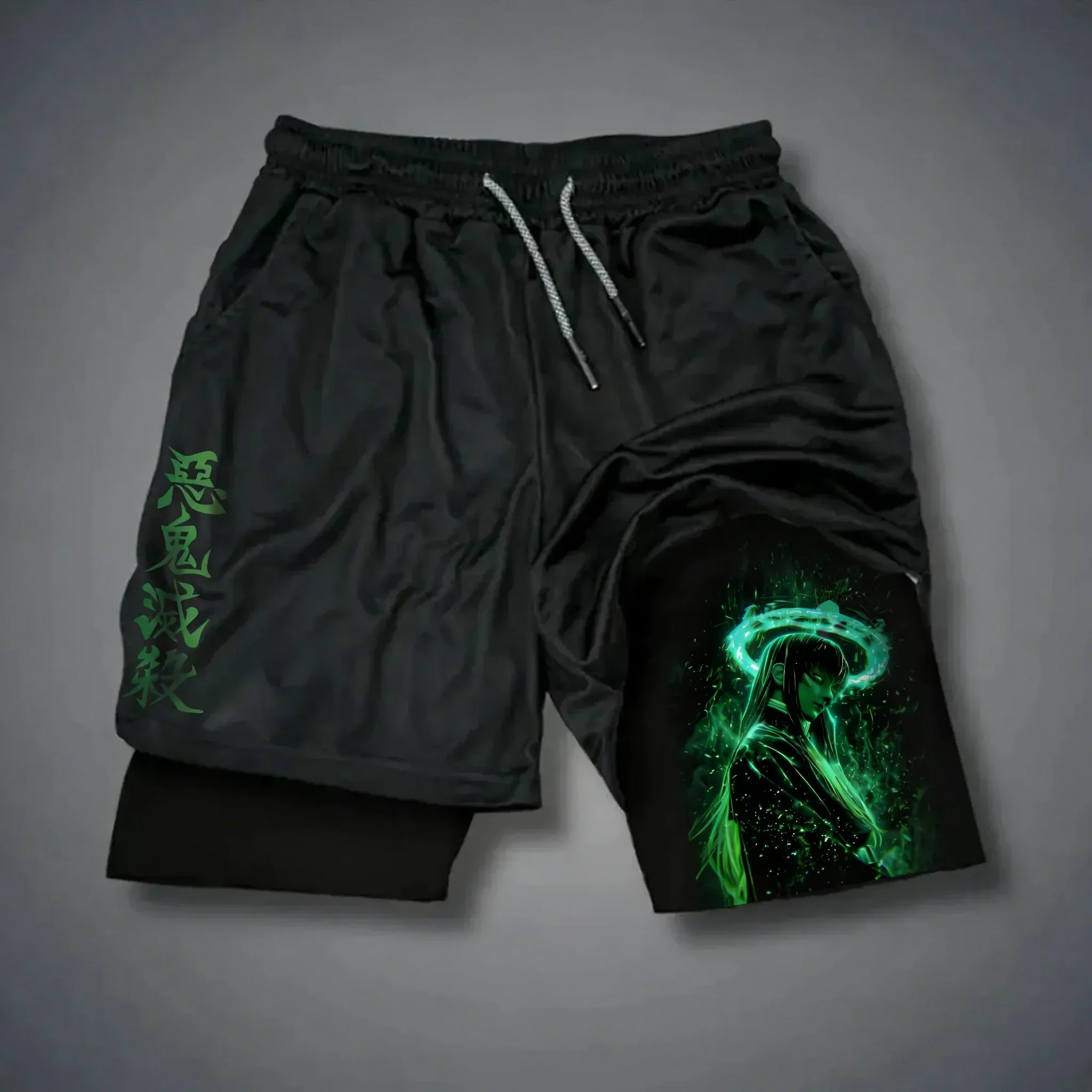 Demon Slayer Anime Tokitou Muichirou Peripheral Shorts Sommer Herren Fitness Sport Atmungsaktive schweißabsorbierende 2-in-1-Shorts