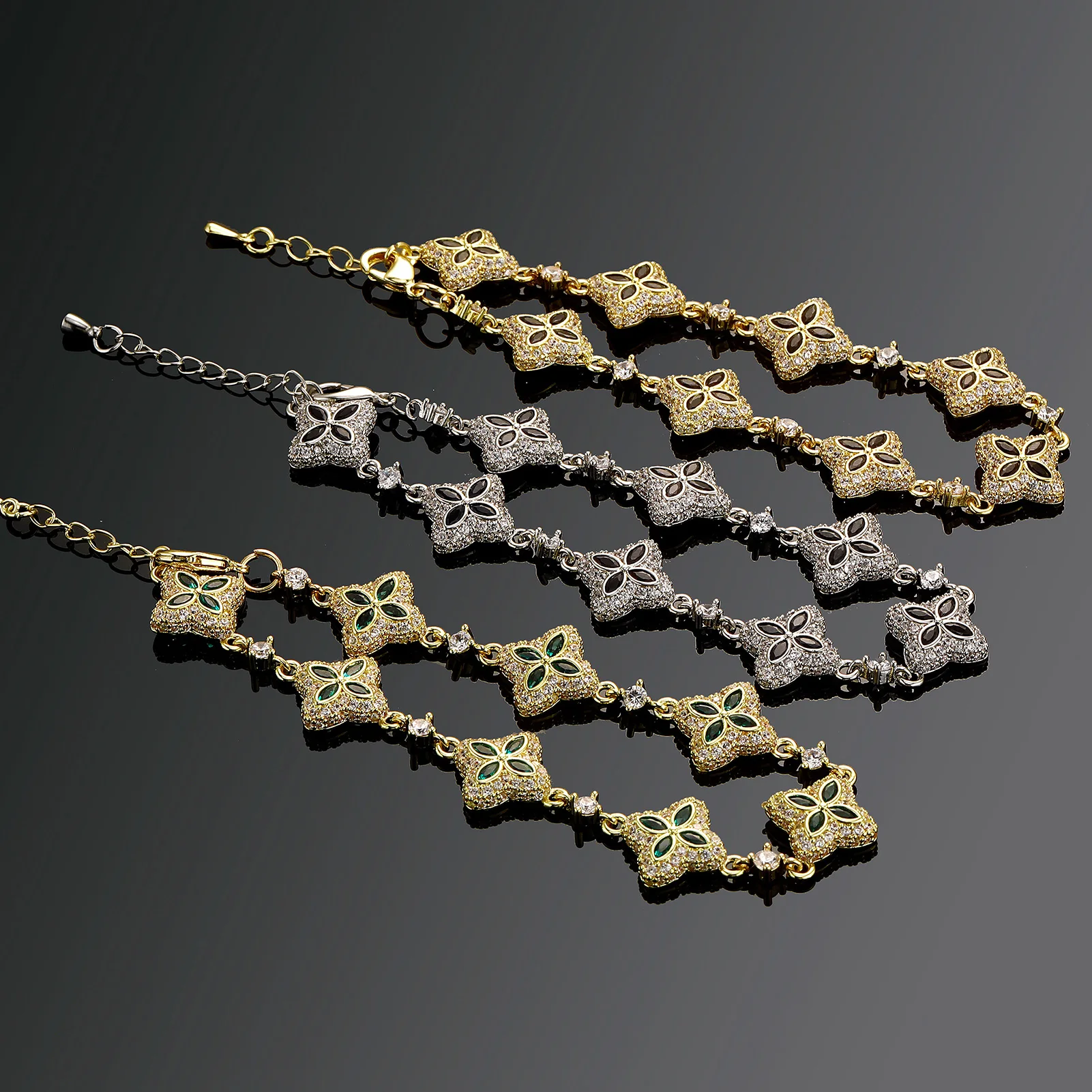 JINAO Hip-Hop Iced Out Grün-Schwarzes Glücksstern-Blatt 8 Blumen Luxuriöses Mode-Tennisarmband-Set Schmuck Geschenk für Männer – Detail 4