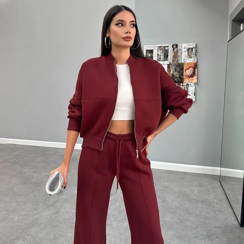 Women's clothing - Pure color fleece pullover coat with zipper for autumn and winter, paired with casual straight-leg pants
