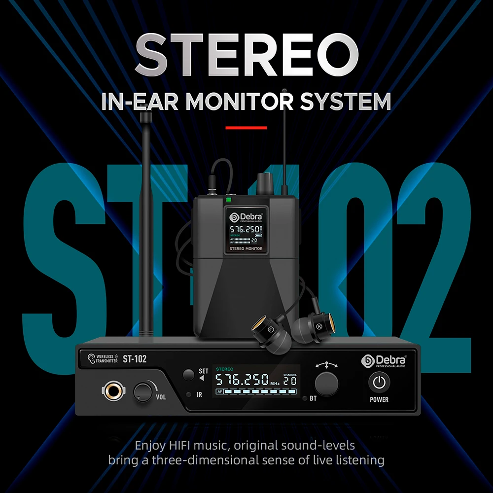 Debra-ST-102 UHF ستيريو لاسلكي في الأذن رصد نظام ، 80-300 متر انتقال المسافة ، أداء المرحلة ، تسجيل الاستوديو