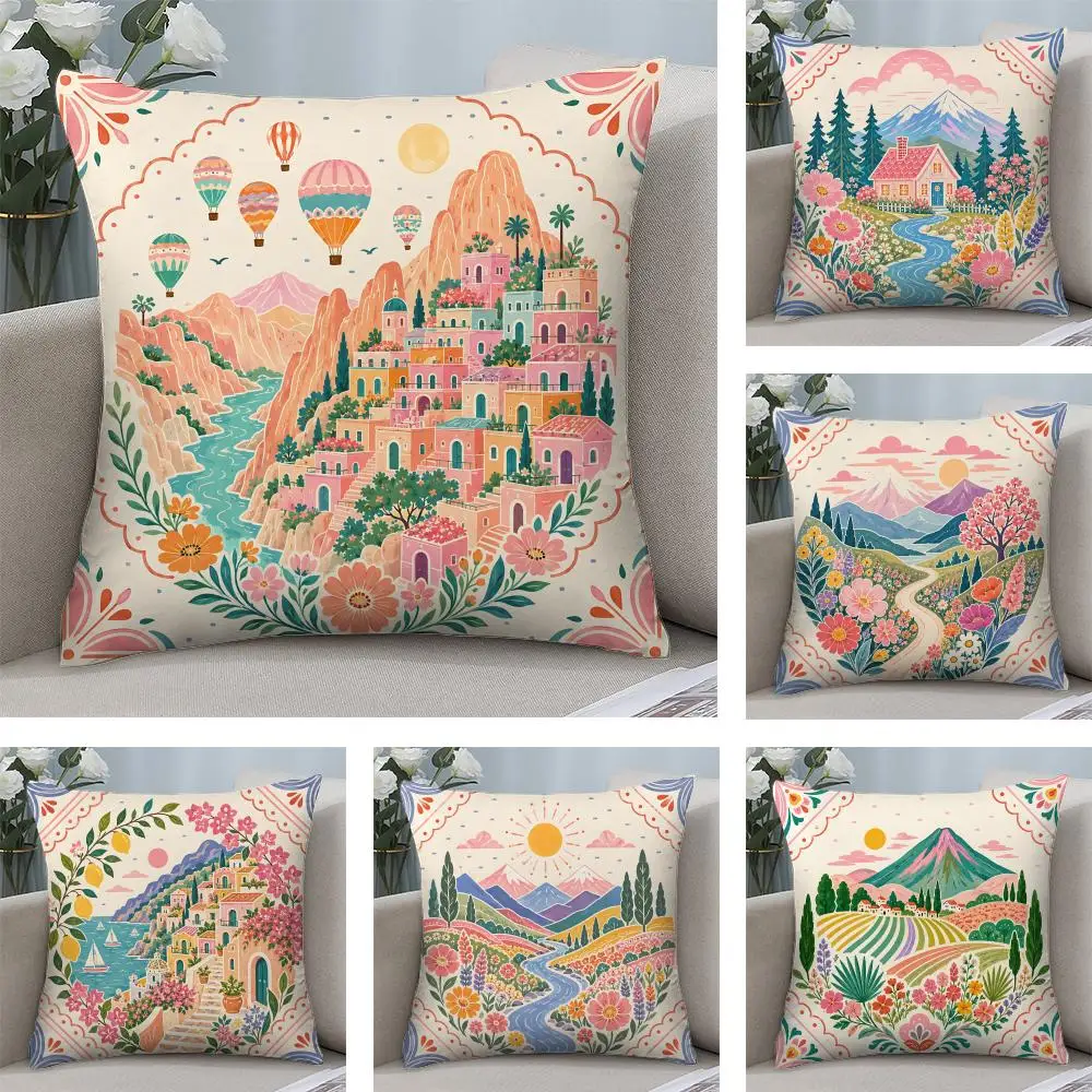 

Nature Flowers Mountain Lake Colorful Cushion Cover Short Plush Double-sided Print Square Throw Pillow Covers Sofa Cushion Decor