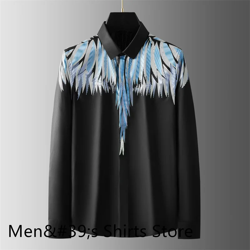 Men\'s Long Sleeve Shirt Luxury Feather Wings Print Casual Black and White Men\'s Formal Shirt Simple Party Shirt XS-6XL