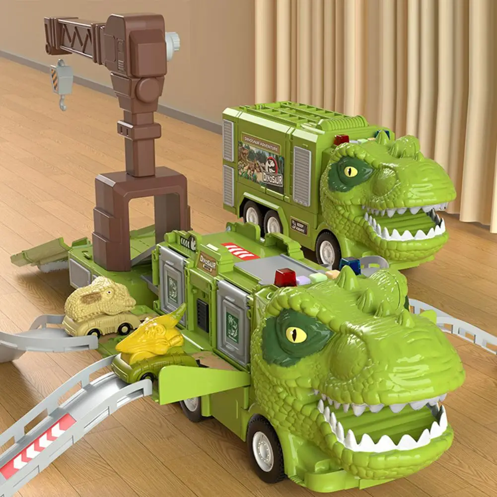 Educational Car Toy Dinosaur Truck Toy with Slide Crane Construction Basket Mini Car Foldable Dinosaur Container for Boys