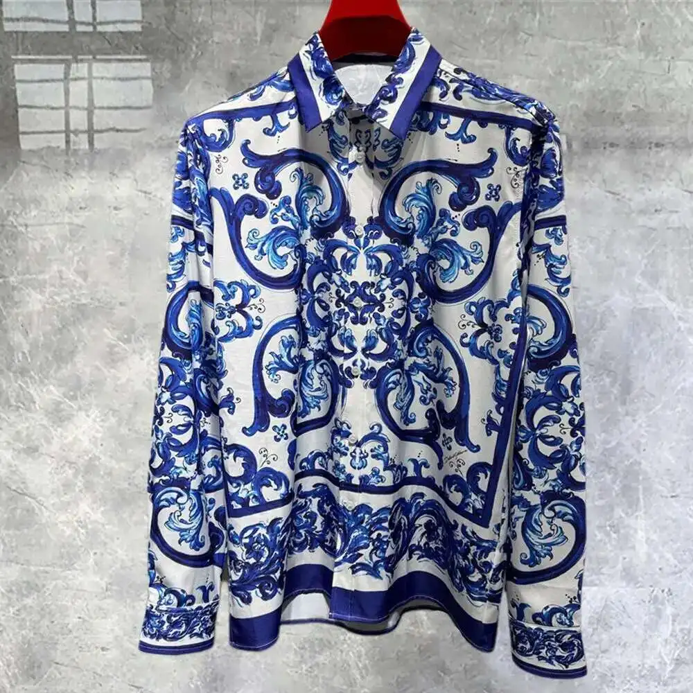 

Luxury Blue White Paisley Pattern Shirt Casual Camisa Hombre Vintage Long Sleeved Slim Fit Shirt Men Streetwear Men Clothing