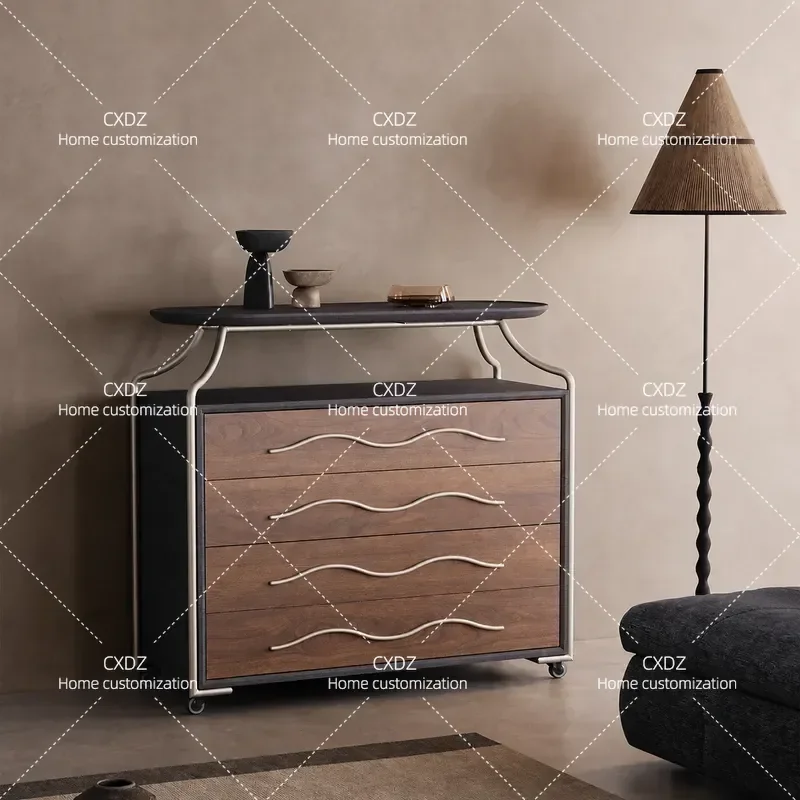 Medieval style living room solid wood four-chest dining room simple dining side cabinet mobile bedroom stainless steel chest