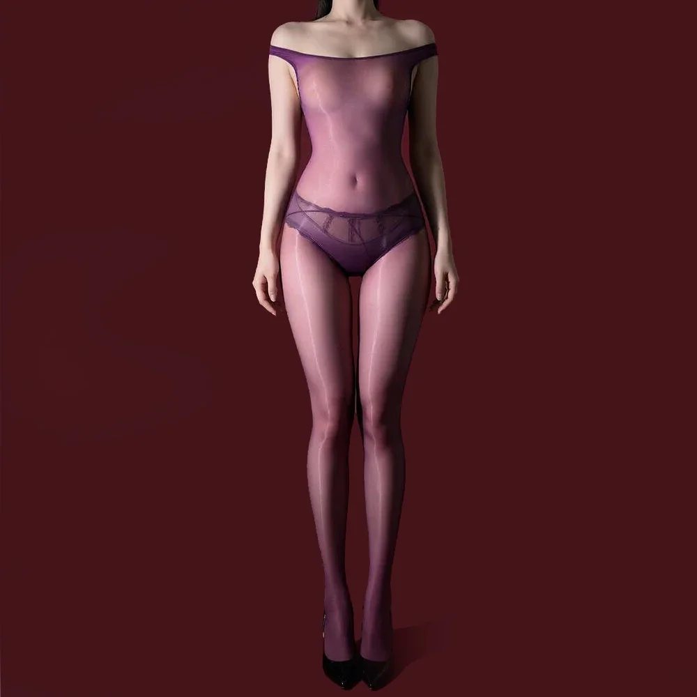 Fashion Women Open Crotch Bodysuit 3D Thin Oil Glossy Shiny Elastic Tights Yoga Shaping Jumpsuit One-Pieces Maid Leotard