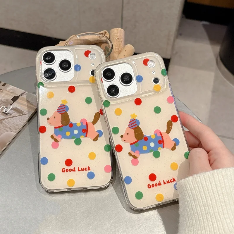 

Fashion Color Polka Dot Cute Pupy Phone Case For iPhone 17 Pro 16 15 14 Pro Max Back Cover Shockproof Protective Cases Cartoon F