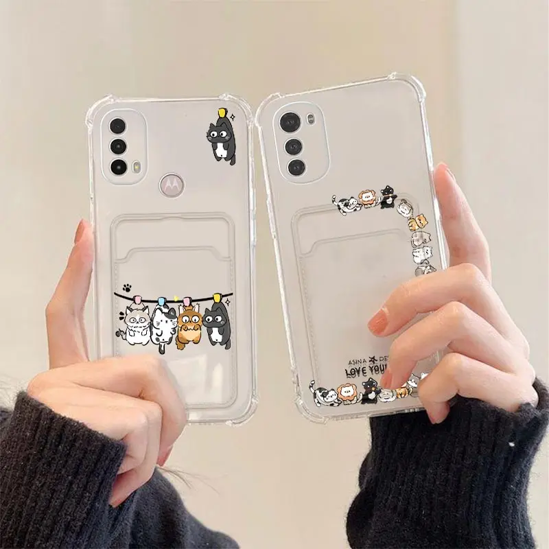 E 40 Different Cats Transparent Card Pocket Phone Case For Motorola Moto E40 E32 G52 G31 G22 E20 G9 G50 EDGE 20Pro 20Lite Cover