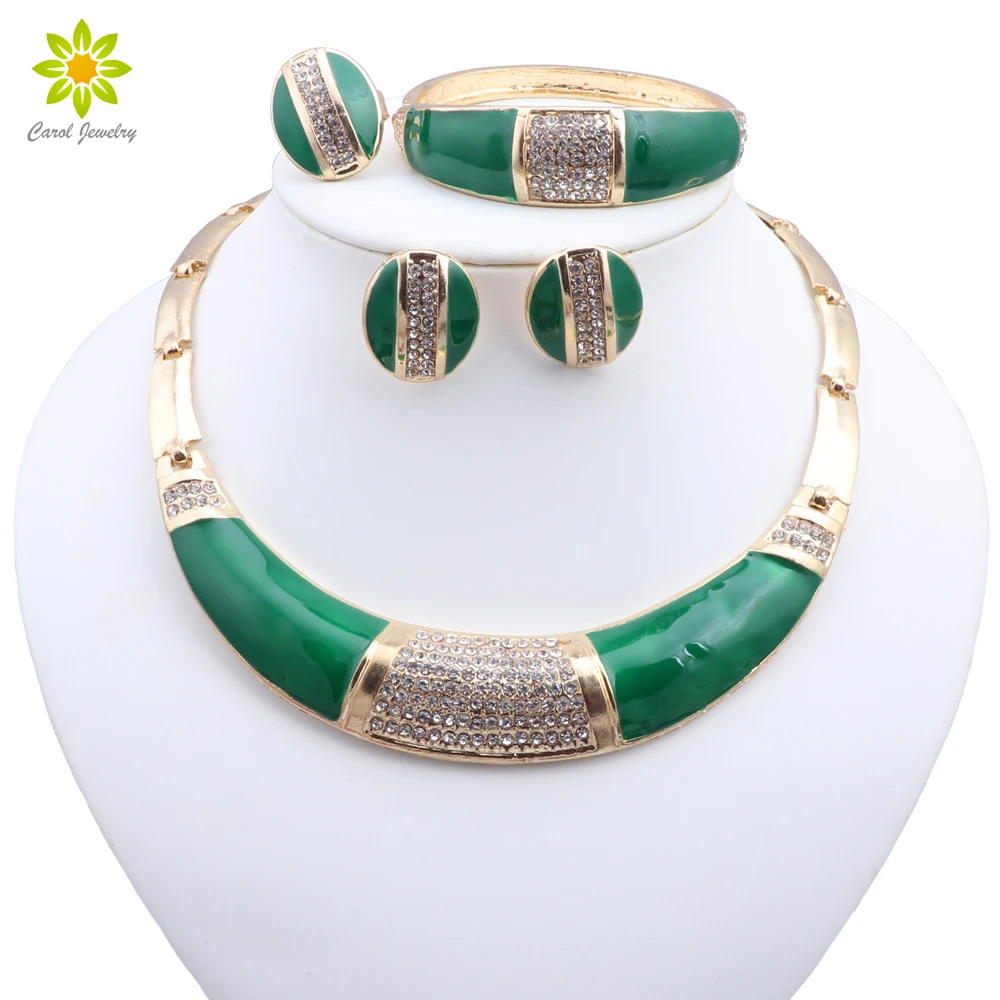 Dubai Elegant Woman Gold Color Jewelry Green Enamel Necklace Bracelet Earrings Ring Party Fashion Jewelry Sets