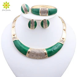 Dubai Elegant Woman Gold Color Jewelry Green Enamel Necklace Bracelet Earrings Ring Party Fashion Jewelry Sets