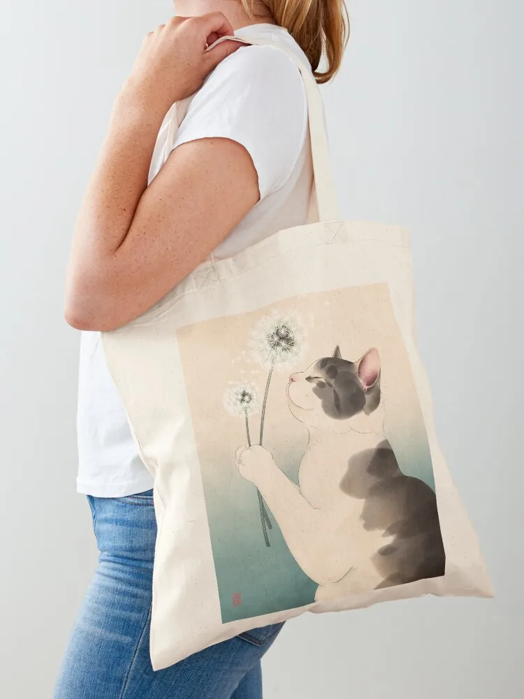 Cat Making Wish with Dandelions Tote Bag canvas tote Beach bag Big bag women Shopper