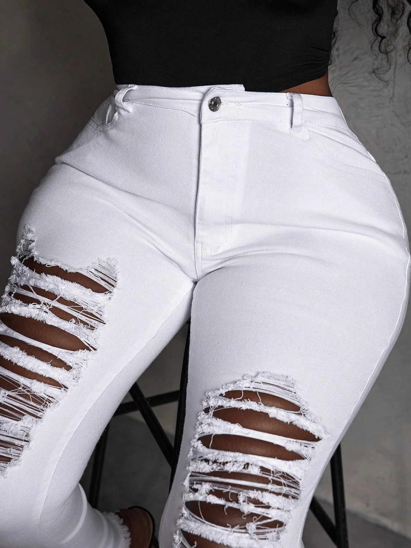 

fashion white washed holes women's high waist denim jeans trousers