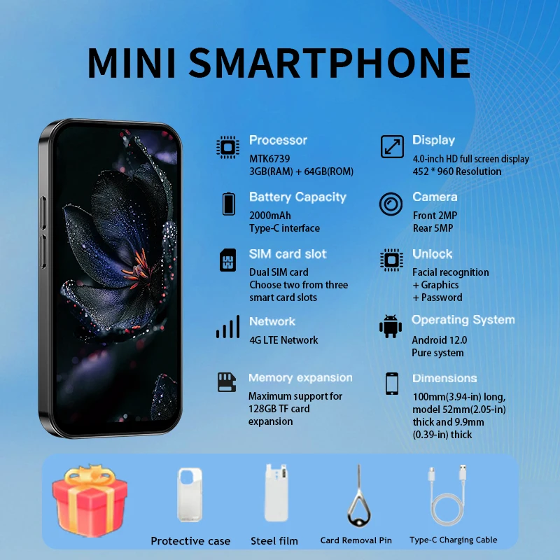Mini smartphone ONEMYTH M17 Pro, 4.0 inches, 3GB RAM 64GB ROM, Android 12, compact small phone, children's and teenagers' gift