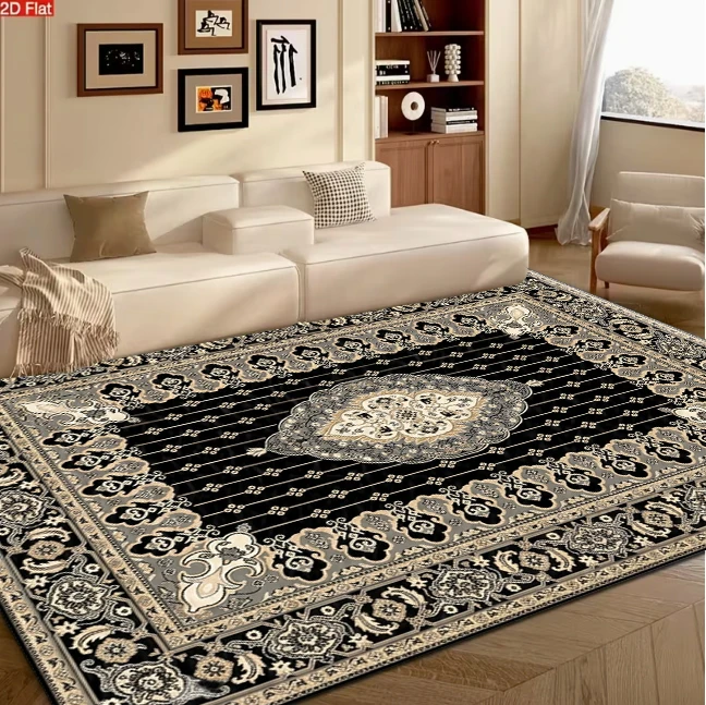 Classic Oriental Medal Pattern Carpet Black Gray Beige Vintage Anti-Slip Carpet Floor Mat Suitable for Living Room Bedroom Home Decoration