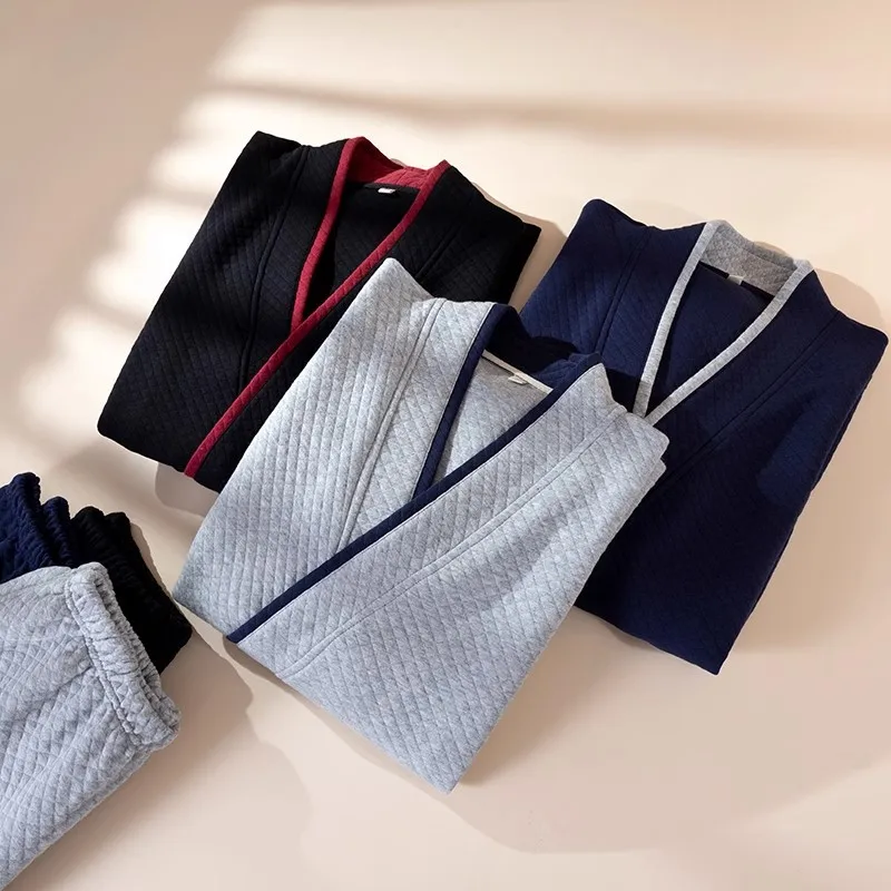 일본 기모노 슈트 남성용 100% 에어 코튼 파자마 긴 소매 바지 투피스 기모노 슈트 남성용 심플한 잠옷 투피스