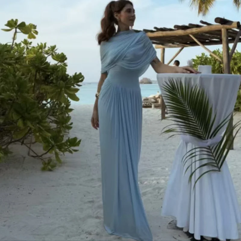 Elegante zomer onregelmatige sjaal ruches maxi-jurk dames slanke hoge taille lange jurk vrouwelijke avondclub feestjurken