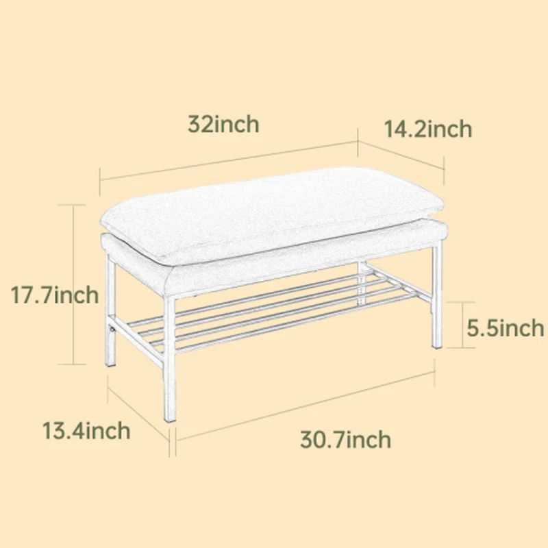 Banc à bout de lit avec étagère, banc de rangement pour chaussures en lin, banc de chambre moderne avec pieds en métal, beige