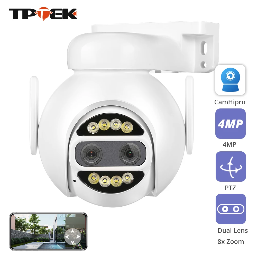 Dual Lens 4MP 2MP WiFi IP Camera PTZ 2.8mm 8mm 8x Digital Zoom Surveillance Security CCTV Video AI Human Tracking CamHipro Cam