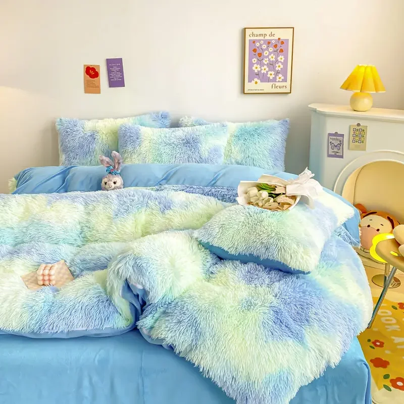 Luxury 3/4Pcs Super Shaggy Soft Coral Fleece Warm Cozy Princess Girls Bedding Set Mink Velvet Quilt Cover Comforter Set Blanket