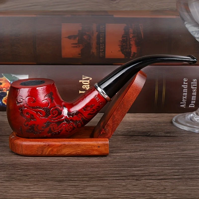 Solid Wood Resin Tobacco Pipe Red Black Pattern Carving Smoke Pipe Elbow Roll Filter Cigarette Holder Herb Grinder Smoking Tools