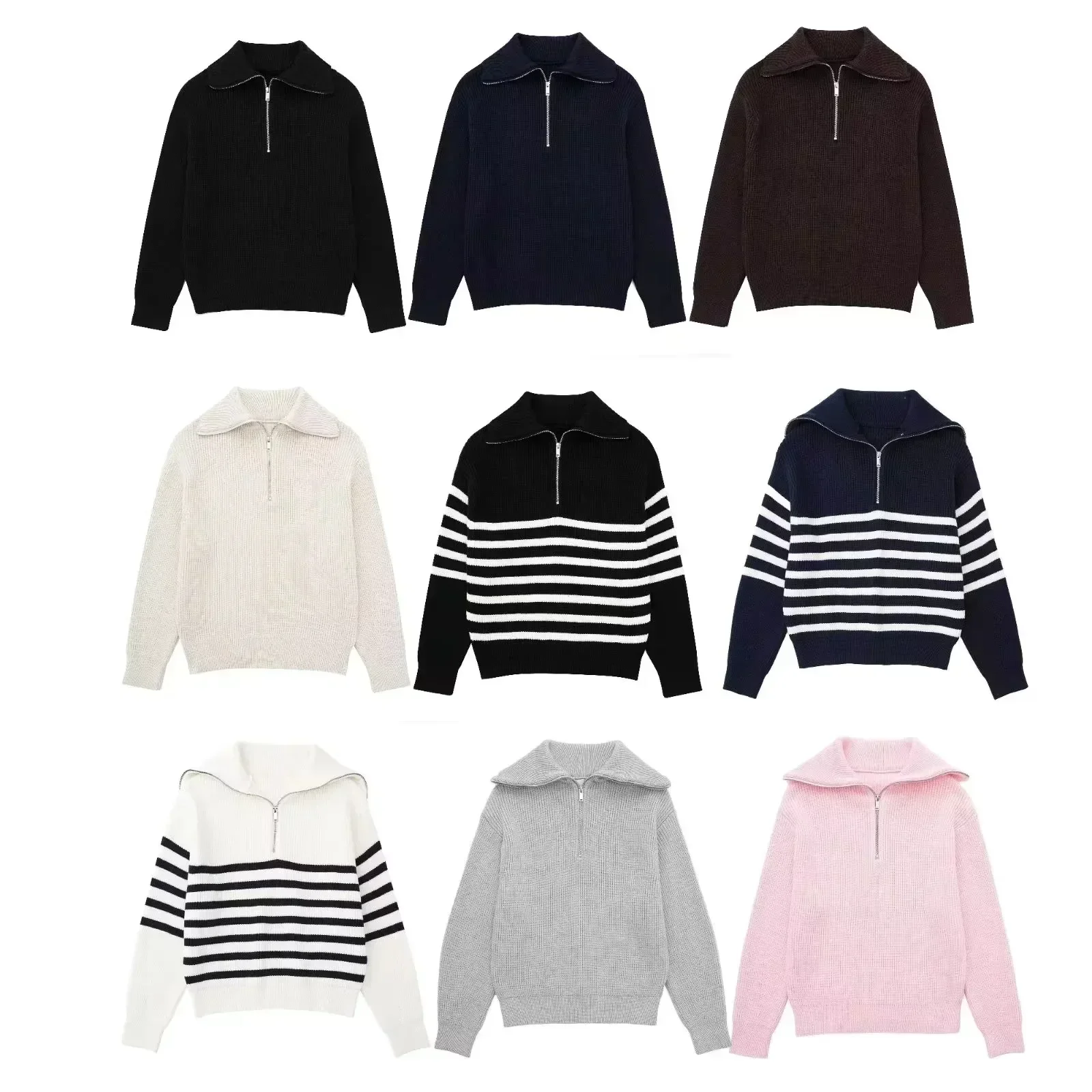 

Классический зимний вязаный свитер на полумолнии из смесовой шерсти в полоску, простой шерстяной топ для женщин, китайский бренд, запас AE