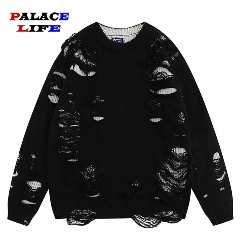 Men Streetwear Knitted Sweater Ripped Distressed Tassel Harajuku Sweater 2022 Winter Hip Hop Pullover Casual Oversize Sweater