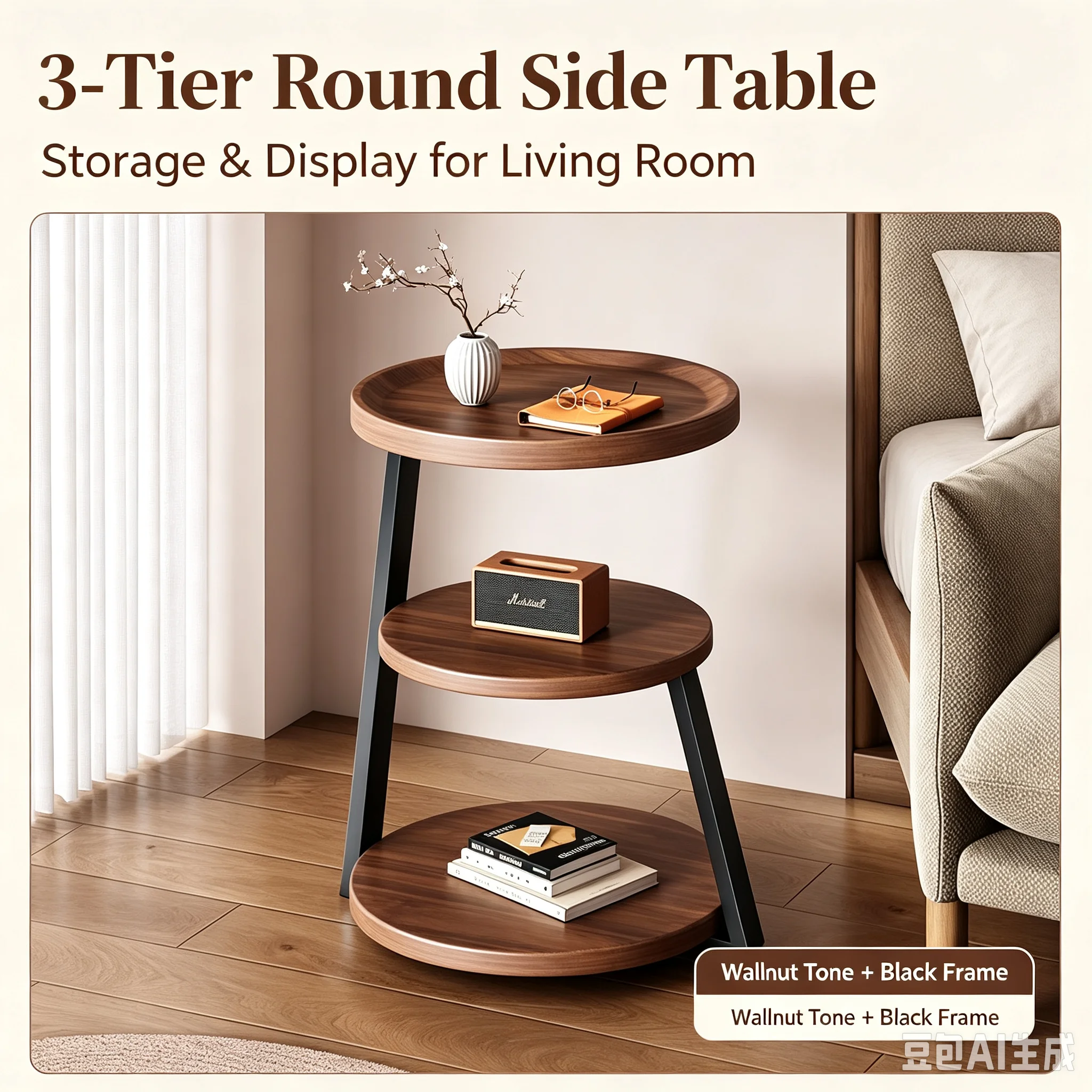 Multifunctional Mid Century Modern Nightstand Bedside Table for Small Spaces Round Multi Layer