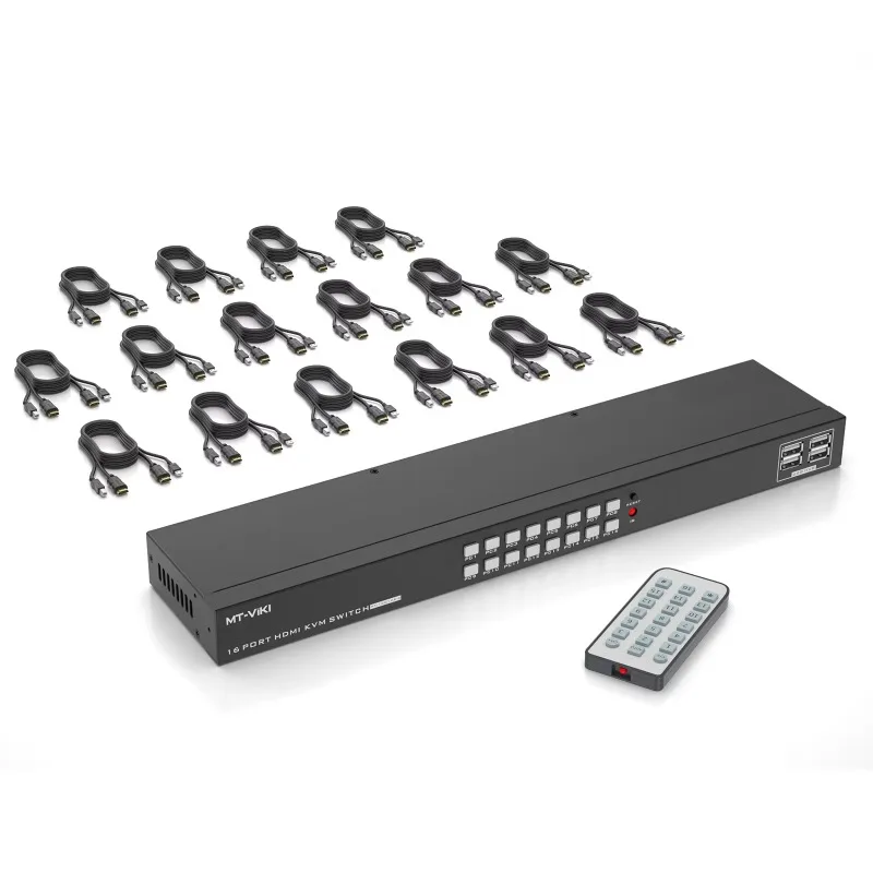 4K HDMI KVM Switch 16 Port + Cables, Rackmount USB HDMI KVM Switcher Console 16x1 4K 30Hz For 1U Rack