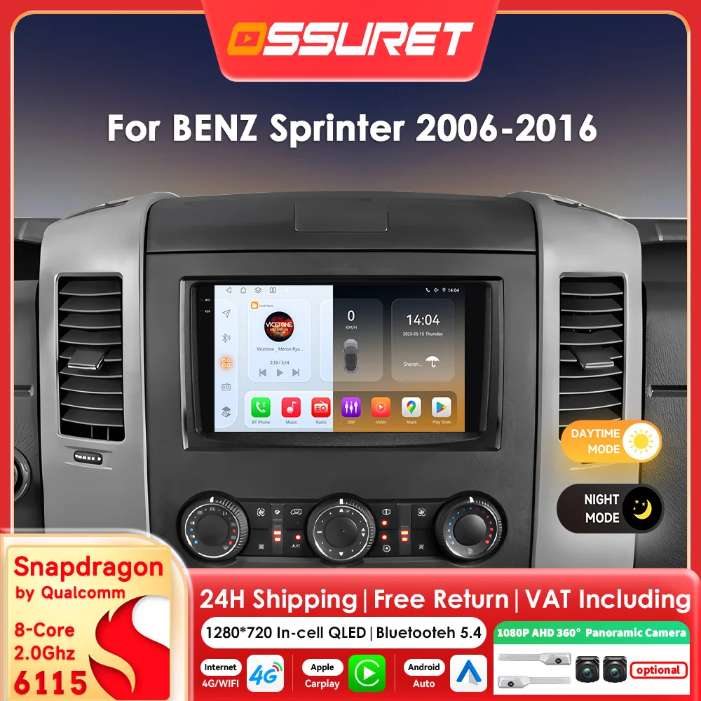 Carplay Android 14 Autoradio Autoradio für Benz Sprinter Vw Crafter 2006–2016 Multimedia von Snapdragon 6115 Head Unit Screen