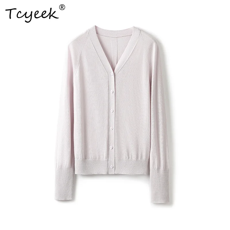 

Tcyeek, 25% Silk 75% Wool Air-conditioning Cardigans, Women VNeck, Elegant Antibacterial Knit Jacket, Summer Fall New C48101QM
