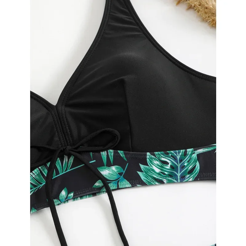 Bikinis con estampado negro y verde para mujer, trajes de baño sexys, traje de baño femenino, conjunto de Bikini deportivo de cintura alta, traje de baño, ropa de playa, Bikini