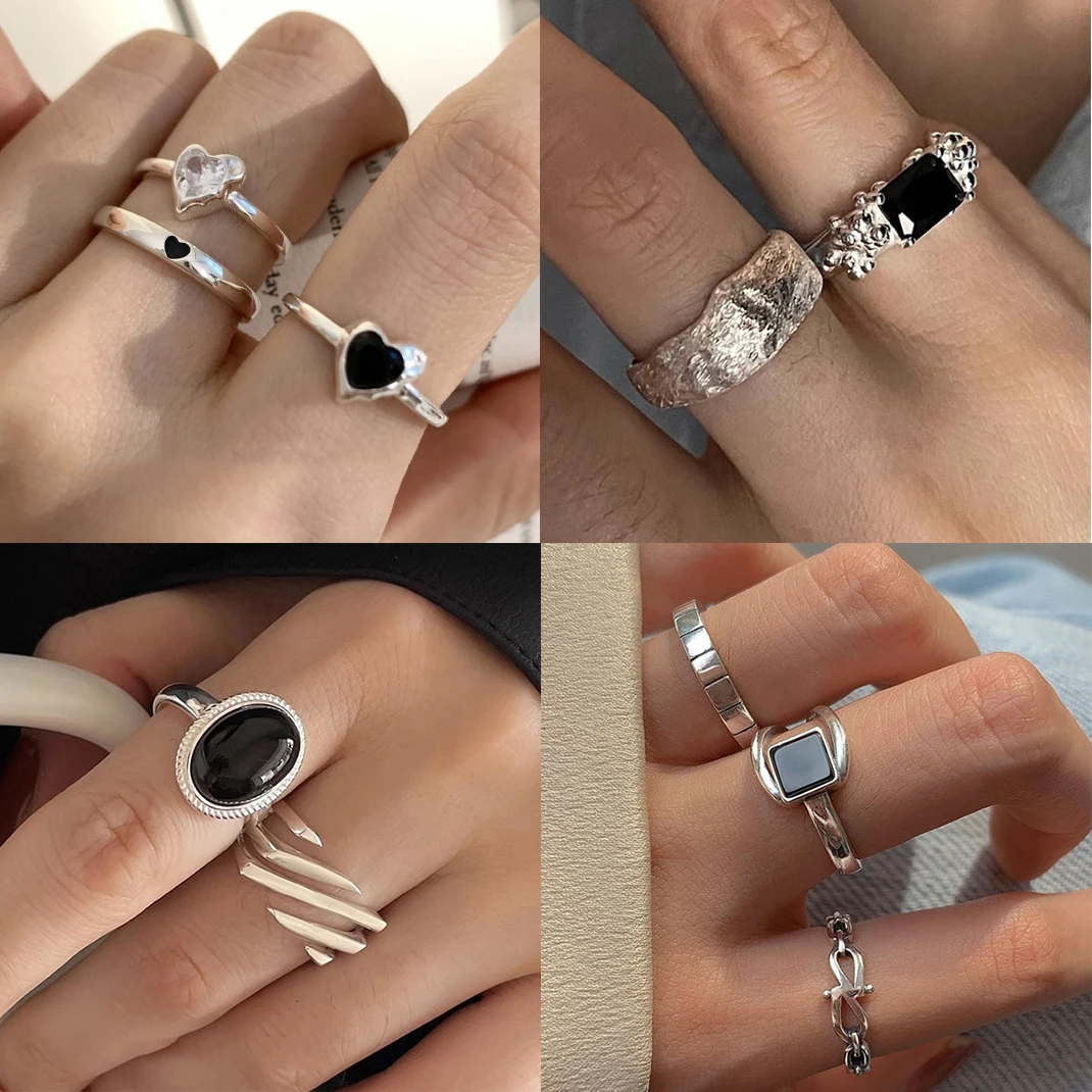 

New Fashion Silver Color Open Finger Ring Geometric Black Stone Punk Stackable For Women Girl Jewelry Gift Dropship Wholesale