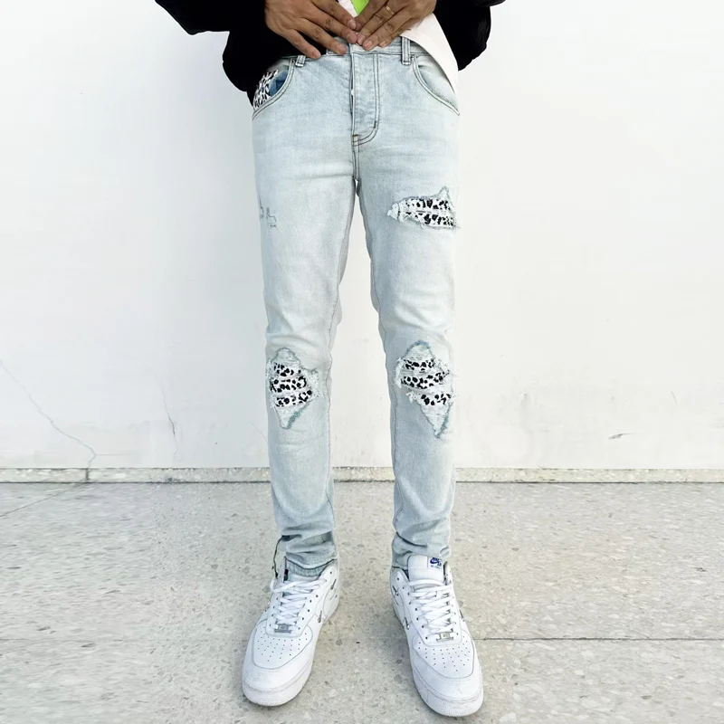 street designer fashion new men'sY2K light blue jeans washed nostalgic stretch slim fit jeans hip-hop brand spliced pants homb