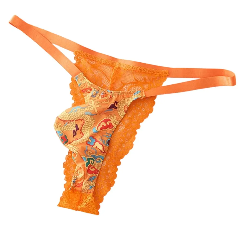 Men Briefs Lace Mesh Sheer Underwear Gay Sissy Bulge Pouch Very Hot Lingerie Chinoiserie Printing Thong Extreme Men's Panties