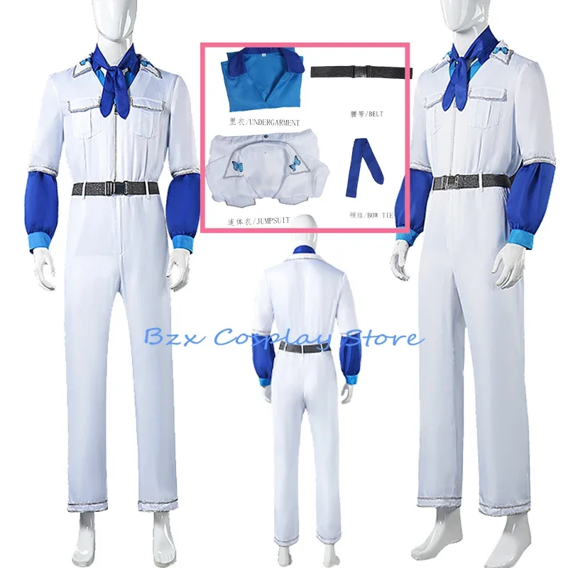 White Benny Cosplay Band Costume Team Jumpsuit Top Tie Uniform Set Halloween Party Roleplay Outfits for Man