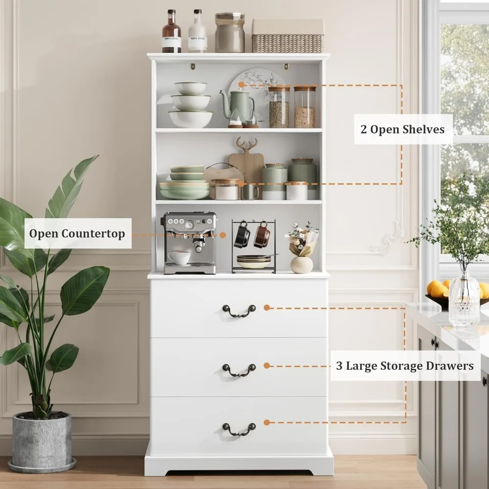 رف كتب واسع باللون الأبيض 31.5 مع 3 أدراج كبيرة و3 أرفف مفتوحة، حل تخزين متعدد الاستخدامات للمكتب المنزلي أو غرفة المعيشة