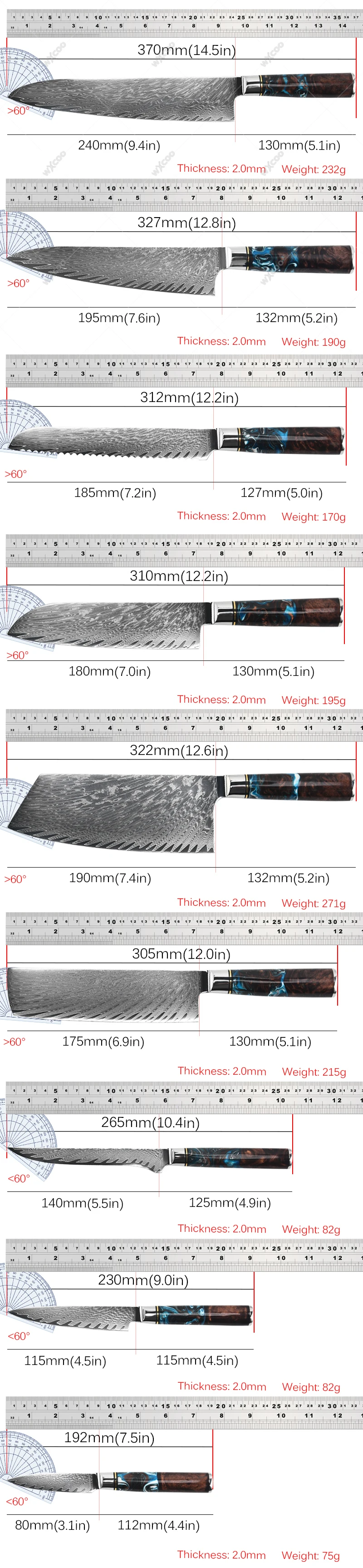 Damascus VG10 Steel Chef Knife Set High Hardness Kitchen Knives Utility Knife Meat Cleaver Japanese Santoku Knife Bread Knives