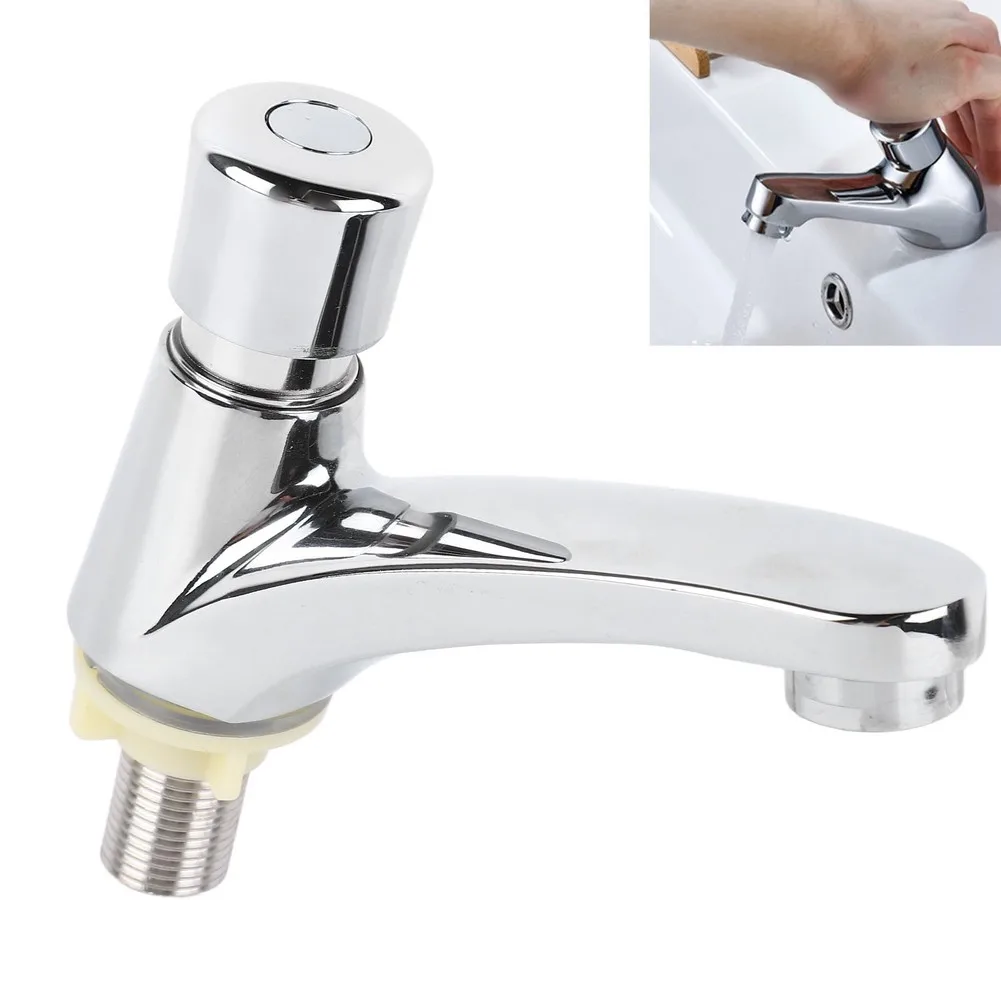 Time Delay Sink Faucet with Push Activation Only Zinc Alloy Material Chrome Finish for High Frequency Use Areas