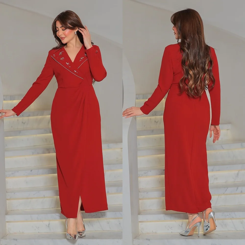 

Customized Jersey Rhinestone V-neck Straight Midi Dresses Bespoke Occasion Classic Gown Woman Elegant Party Wedding Glitter