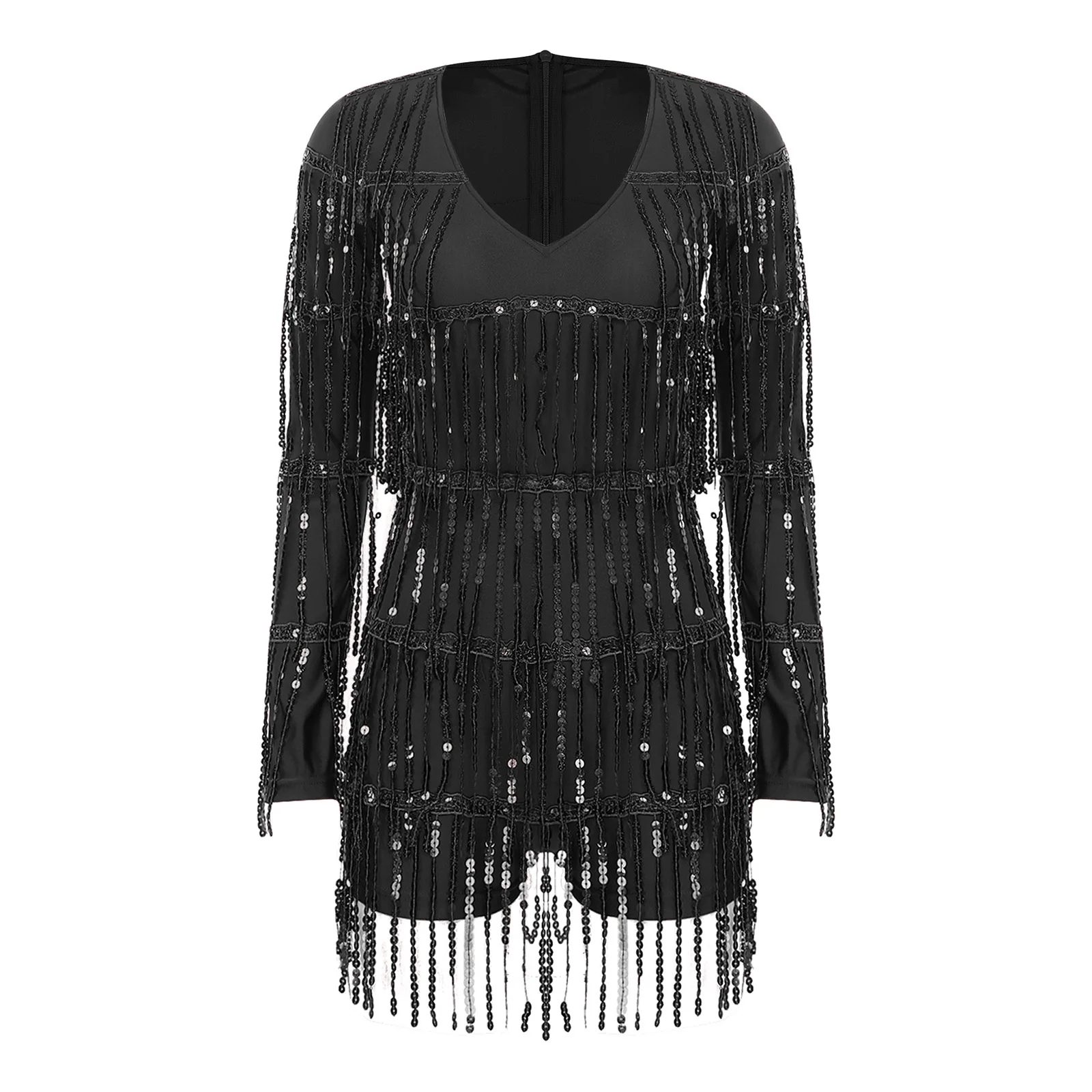 Damesmode glanzende jazz tango latin dans bodysuit lange mouw gelaagde kwastje jumpsuit voor party raves podium tango danskleding