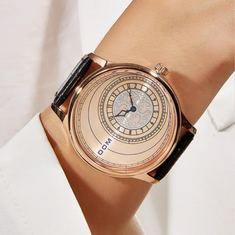 ساعة كوارتز رجالية أنيقة DOM 1582 بسيطة مقاومة للماء بحزام جلدي ساعة يد إبداعية كاجوال ساعات عمل للرجال