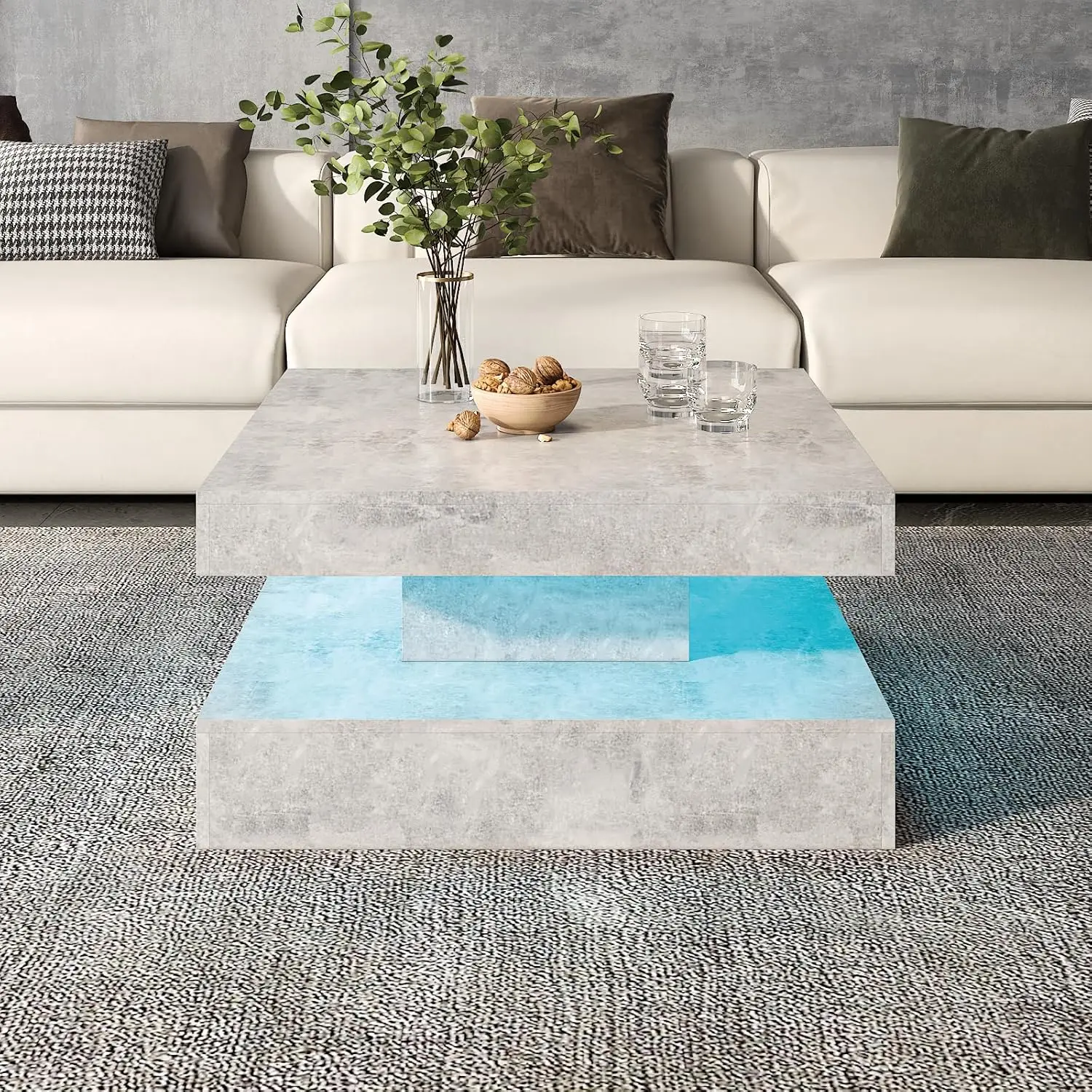 Modern Grey LED Square Coffee Table - 2-Tier Contemporary Wood Center Table with Storage, for Living Room/Dining/Reception