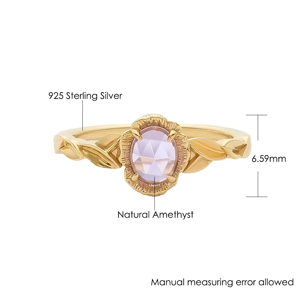 LAMOON Vintage Natural Amethyst For Women 925 Sterling Silver Gold Plated  Flower Leaf Engagement Ring Jewelry Accessorie RI410