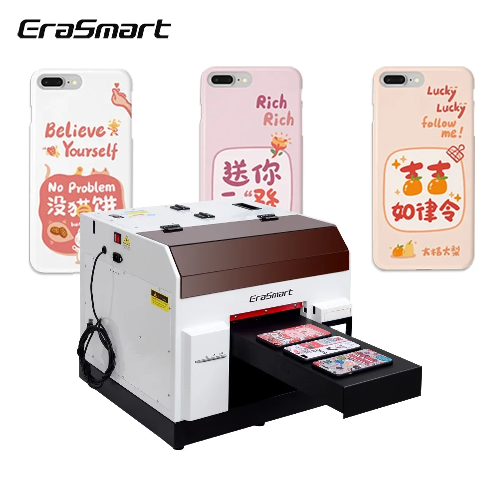 Erasmart Good Price L800 XP600 a4 uv flatbed printer phone case printing machine PVC glass leather metal plastic a4 uv printer