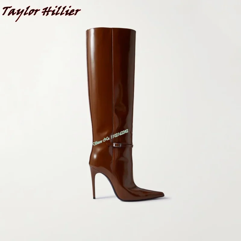 2023 Autumn Winter Cowhide Knee-High Long Boots Pointed Toe Stiletto Heels Slip-On Slim Retro Sexy Versatile High Boots For Wome