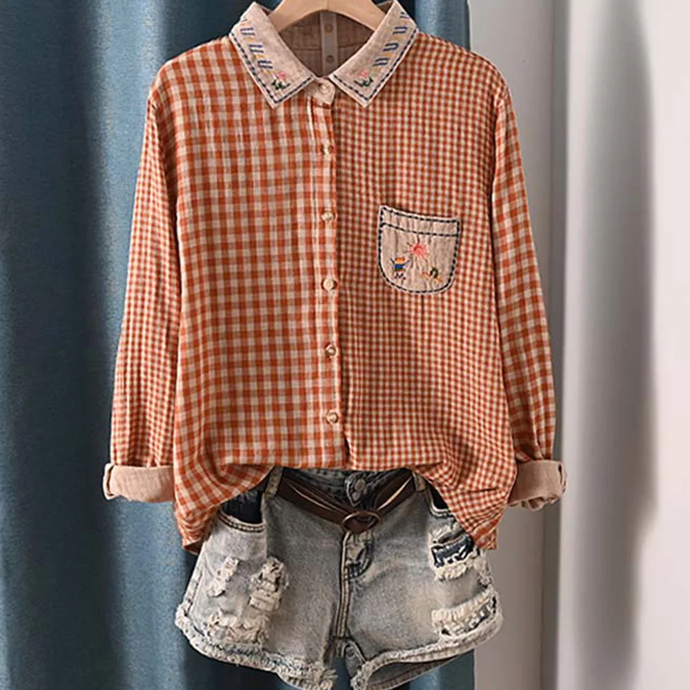 New Spring Cotton Plaid Shirt Women Lapel Long Sleeve Embroidery Commute Tops Girl Loose Versatile Blouses 2024 Autumn T45306QC