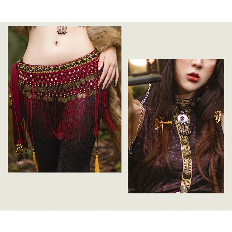 Festival Tribal Dance 3 Piece Outfit Coins Hip Scarf Tribal Belly Dance Costume Set Pants Costumes High Neckline Top Ethnic