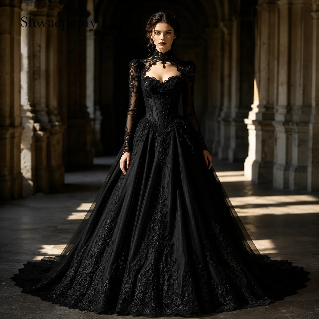 Black Gothic Wedding Dress High Neck Illusion Long Sleeve Lace Appliques Corset Tulle Long Train Dark BriCustomized