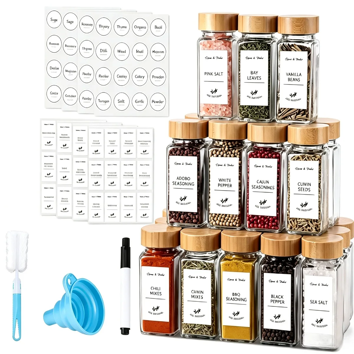 12Pcs Glass Spice Jars with Bamboo Lids 4Oz Minimalist Farmhouse Labels Stickers Collapsible Funnel Sponge Brush Kitchen Storage
