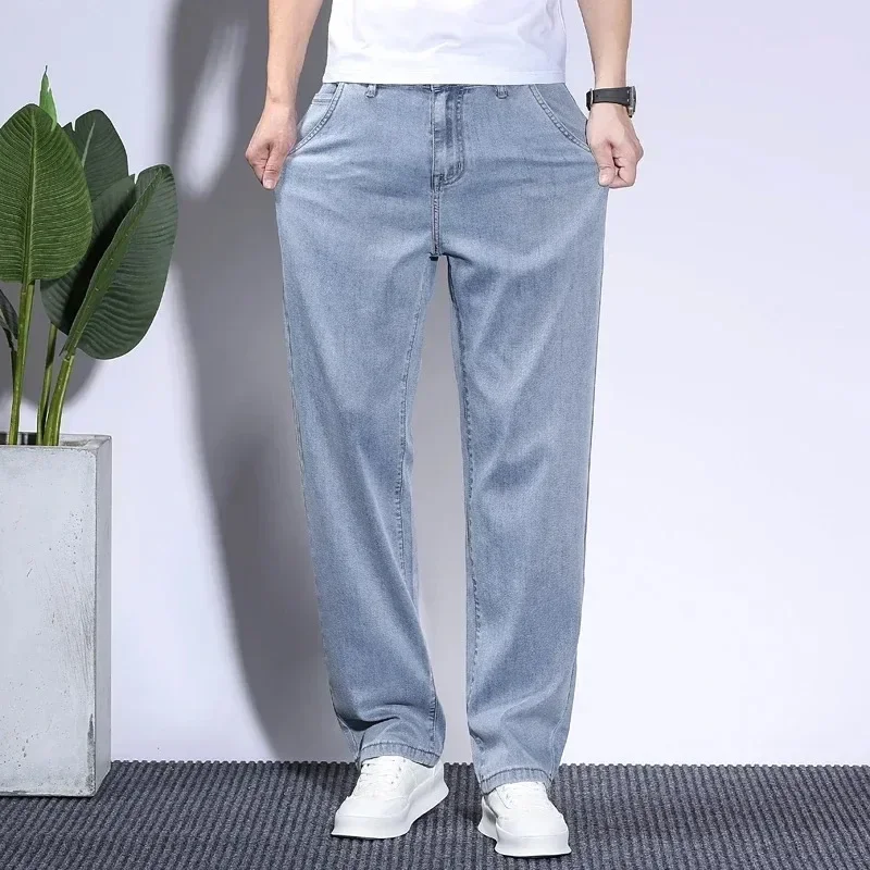 Summer Soft Lyocell Fabric Men's Jeans Thin Loose Straight Pants Drawstring Elastic Waist Korea Casual Trousers Plus Size 28-42